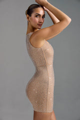 Embellished Square-Neck Mini Dress in Almond