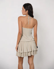 Suraya Plunge Mini Dress in Cupro Oatmilk