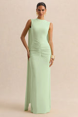 Premiere | Mint Boat-Neck Maxi Dress With Cape-Sleeves And Open-Back