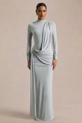 Melissa | Blue Long-Sleeve Wrap Maxi Dress With Draped Detailing
