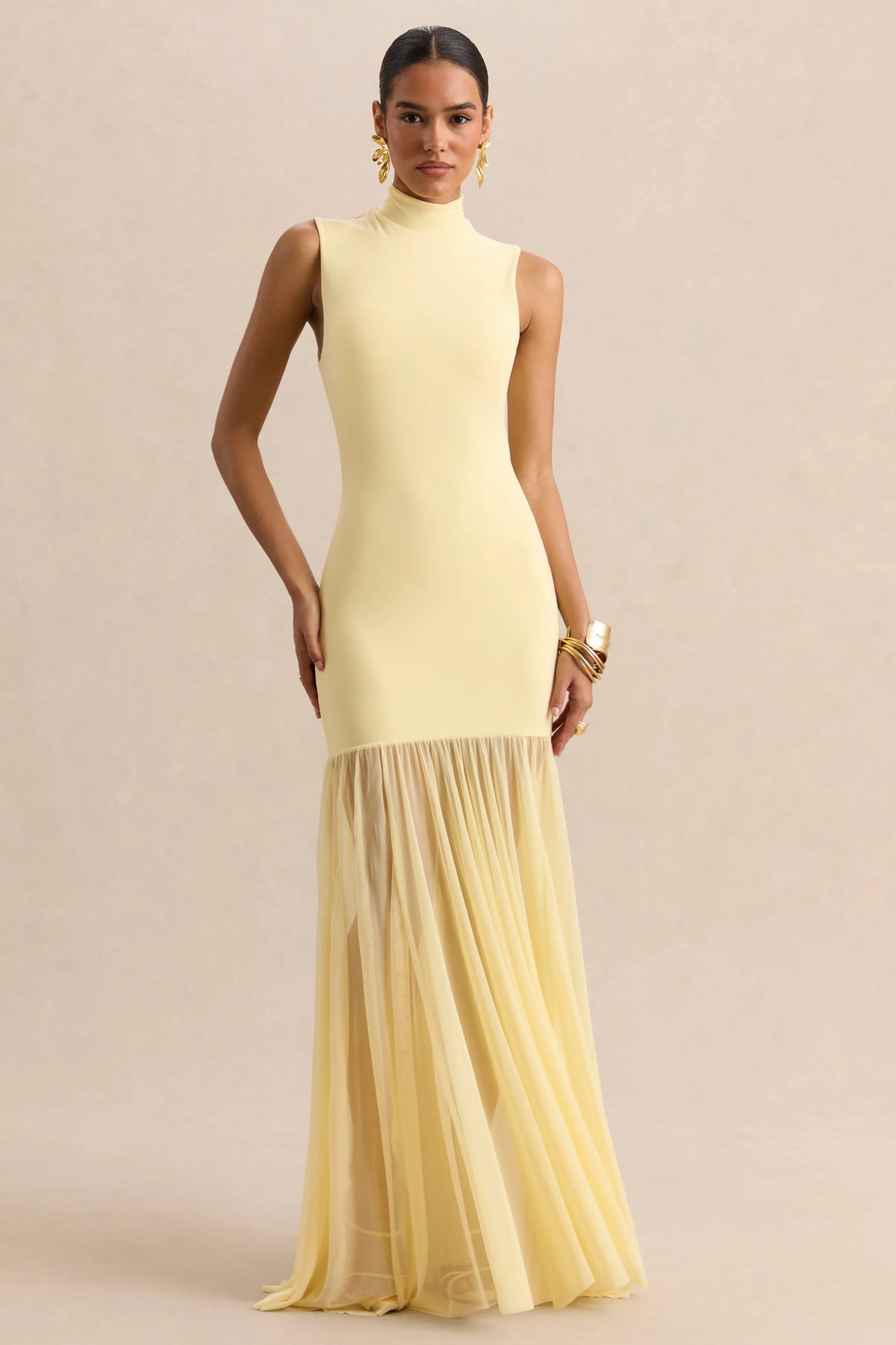 Felina | Lemon High-Neck Maxi Dress With Sheer-Skirt