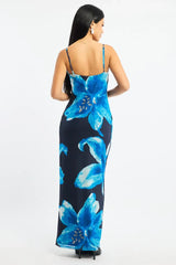 Blue Floral Maxi Dress Cowl Neck Mesh