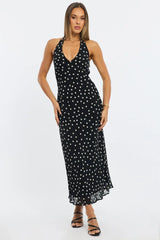 Black Polka Dot Midi Dress Halter Neck