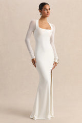 Fleurisia | White Square-Neck Maxi Dress With Mesh Long-Sleeves