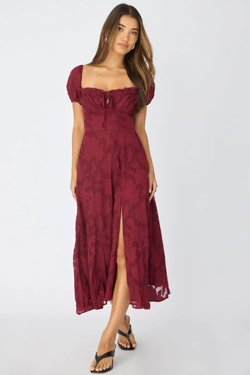 Red Midi Dress Puff Sleeve