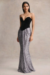 Aeris | Black Velvet And Silver Sequin Plunge-Neck Maxi Dress