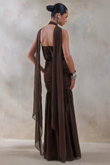 Veronique | Brown Halter-Neck Maxi Dress