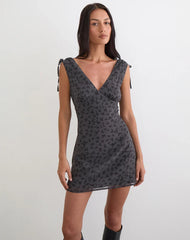 Carmila Gathered Mini Dress in Minimal Flower Dark Grey
