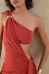 Clarosia | Rust Asymmetric-Neck Maxi Dress With Cut-Out With Sash