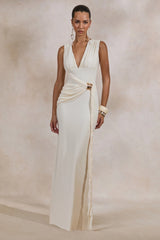 Nalina | Cream Plunge-Neck Maxi Dress With Gathered Detailing And Gold Detail