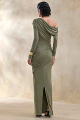 Rosirene | Olive Asymmetric-Neck Maxi Dress With Draped-Detailing
