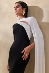 Dabria | Black And White Asymmetric-Neck Maxi Dress With Cape-Sleeve