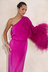 Felicity | Hot Pink Satin Asymmetric-Neck Maxi Dress With Feather Detailing