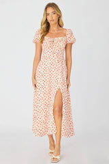 White Ditsy Midi Dress Puff Sleeve