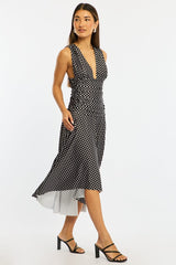 Black Polka Dot Midi Dress Hanky Hem