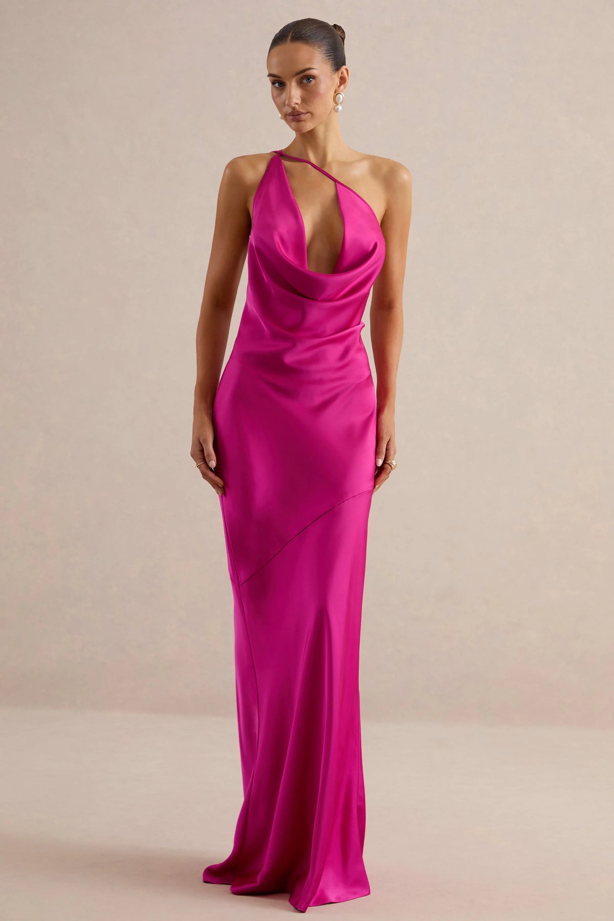 Kamalyn | Hot Pink Satin Asymmetric-Neck Maxi Dress