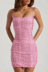Embellished Scoop-Neck Bodycon Mini Dress in Pink