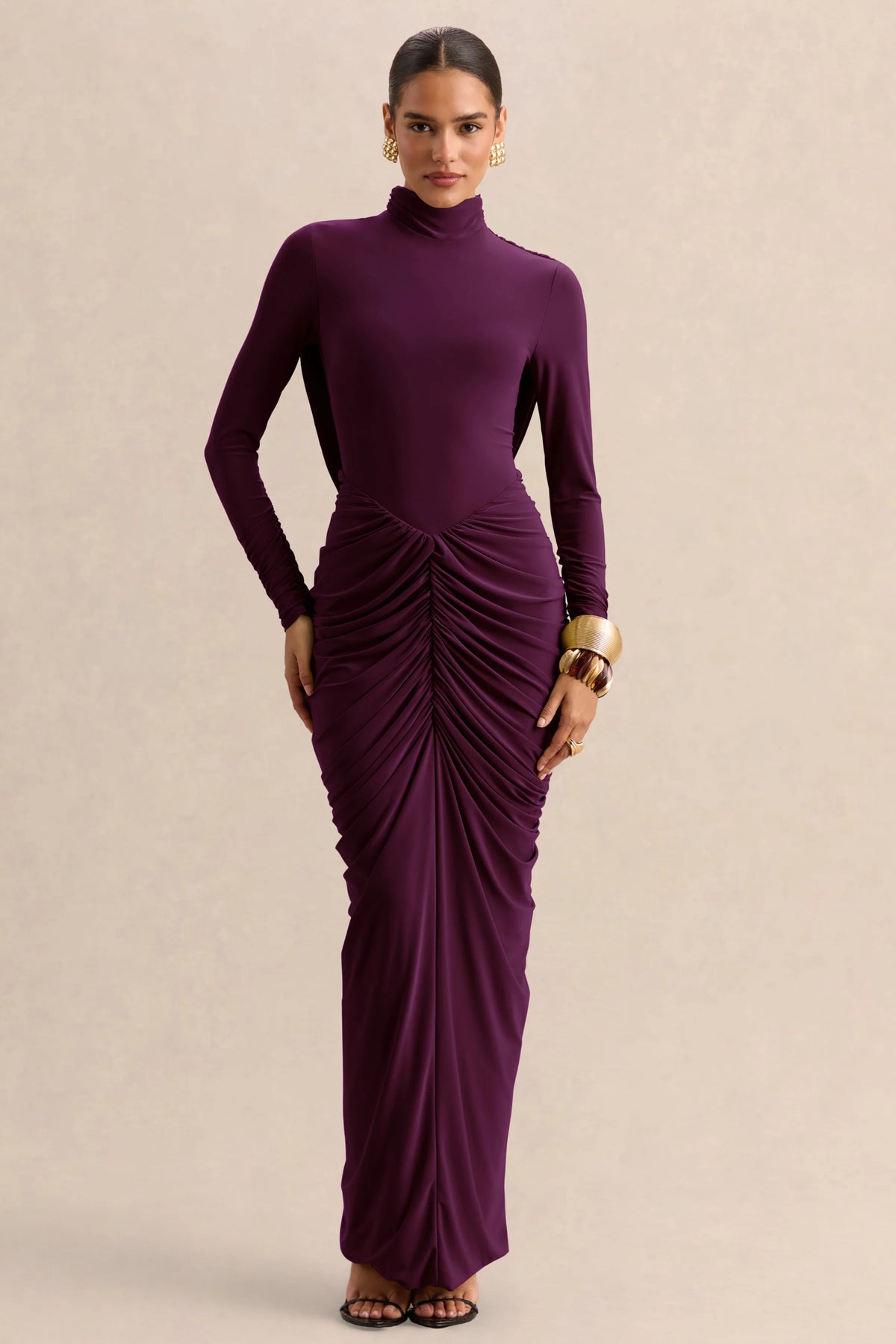 Harmona | Dark Plum High-Neck Maxi Dress With Gathered And Draped-Detailing