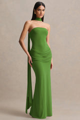 Graciella | Green Bandeau Maxi Dress With Draped Detailing And Scarf