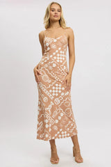 Brown Abstract Maxi Dress Bias Cut Linen Blend