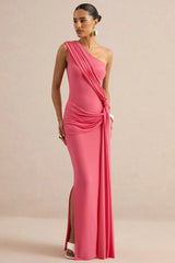 Lunoria | Coral Asymmetric-Neck Maxi Dress With Gathered-Detailing