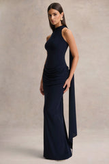 Hesperia | Navy High-Neck Maxi Dress With Draped-Detailing And Scarf