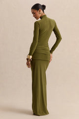 Ambrette | Olive High-Neck Maxi Dress With Gathered-Detailing