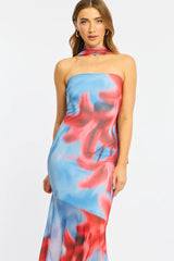 Blue Floral Strapless Maxi Dress
