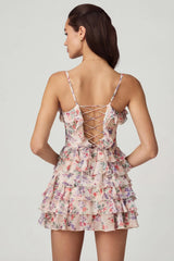 Ruffled Lace-Up A-Line Mini Dress in Primrose Floral Print