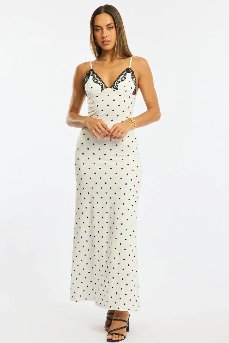 White Polka Dot Maxi Dress Lace Bust