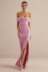 Emari | Pink Bardot-Neck Tie Back Maxi Dress With Front-High Split