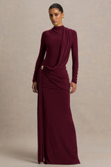 Melissa | Burgundy Long-Sleeve Wrap Maxi Dress With Draped Detailing