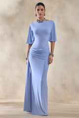 Emerelle | Powder Blue Wide-Neck Maxi Dress With Sash And Draped-Detailing