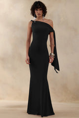 Vista | Black Asymmetric-Neck Maxi Dress With Knot-Sleeve Detail