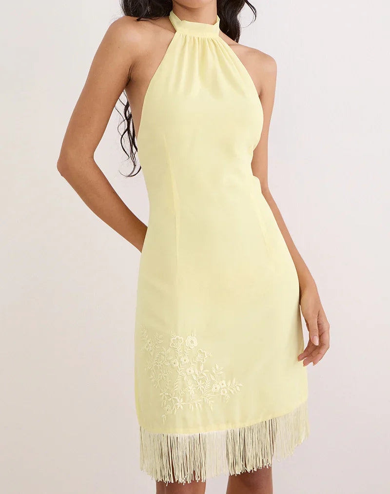 Brisea Mini Dress in Lemon with Vintage Bloom Embroidery