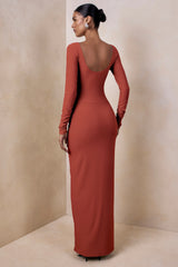 Matilda | Rust Boat-Neck Maxi Dress With Ruched Detailing