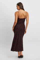 Black Ditsy Maxi Dress Lace Satin Tape