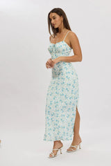 Blue Floral Midi Dress Gathering Bust Sleeveless