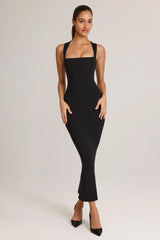 Modal Square-Neck Bodycon Midi Dress in Black