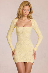 Scalloped-Lace Long-Sleeve Mini Dress in Lemon Yellow