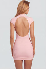Jersey Turtleneck Ruched Backless Mini Dress in Pink