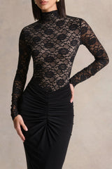 Justina | Black High-Neck Maxi Dress With Gathered-Detailing