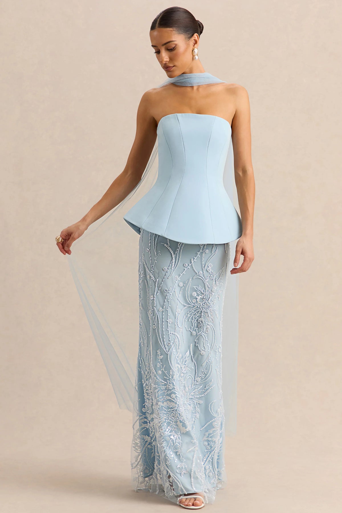 Lorna | Powder Blue Bandeau Maxi Dress With Scarf