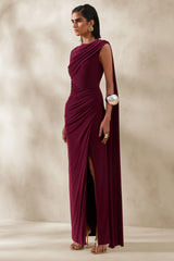 Palomara | Burgundy Round-Neck Maxi Dress With Sash And Front-High Split
