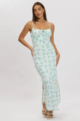 Blue Floral Midi Dress Gathering Bust Sleeveless