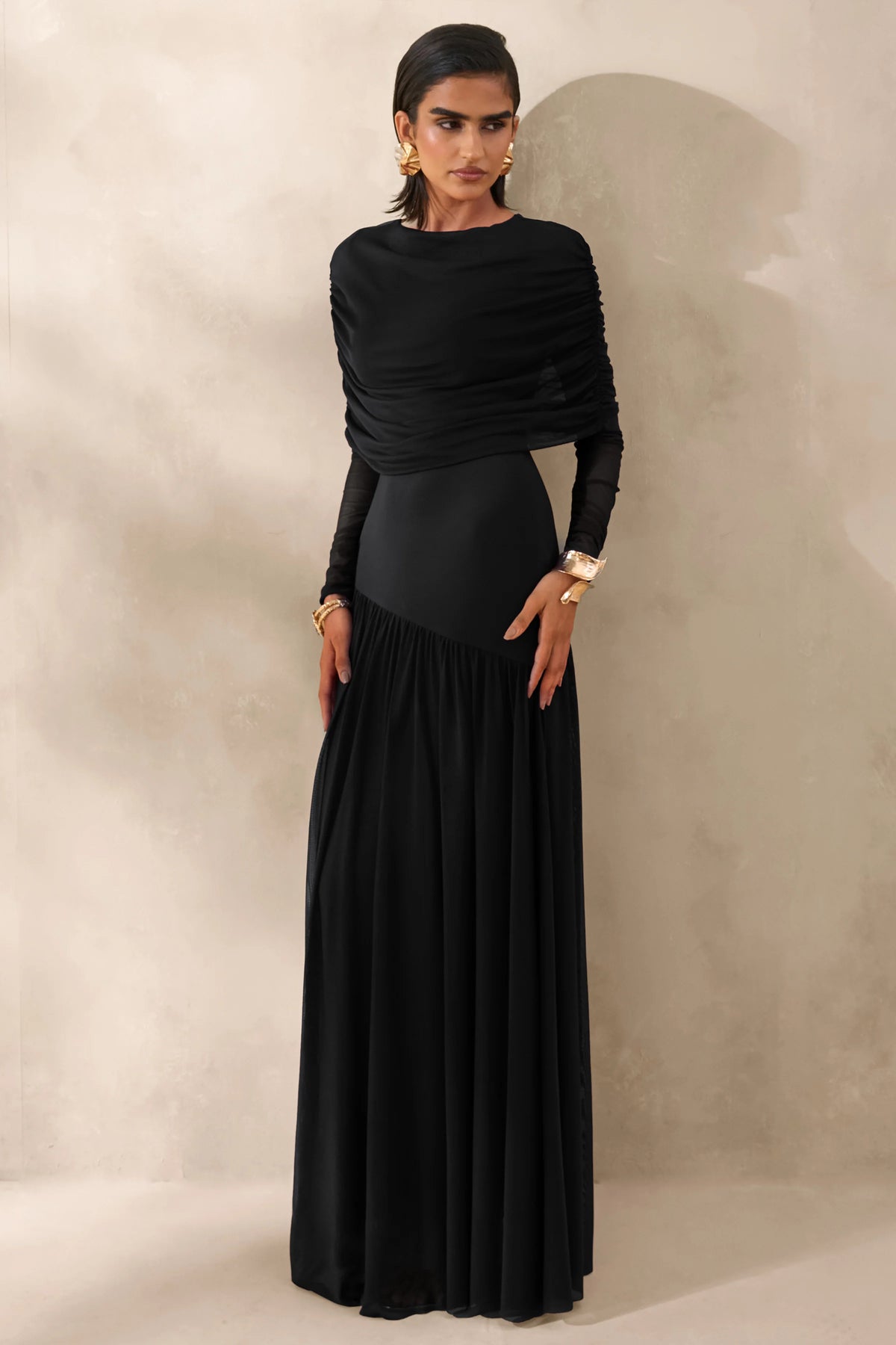 Enalia | Black Mesh Slashed-Neck Maxi Dress With Short-Cape