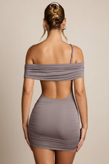 Off-Shoulder Draped Mini Dress in Steel Grey