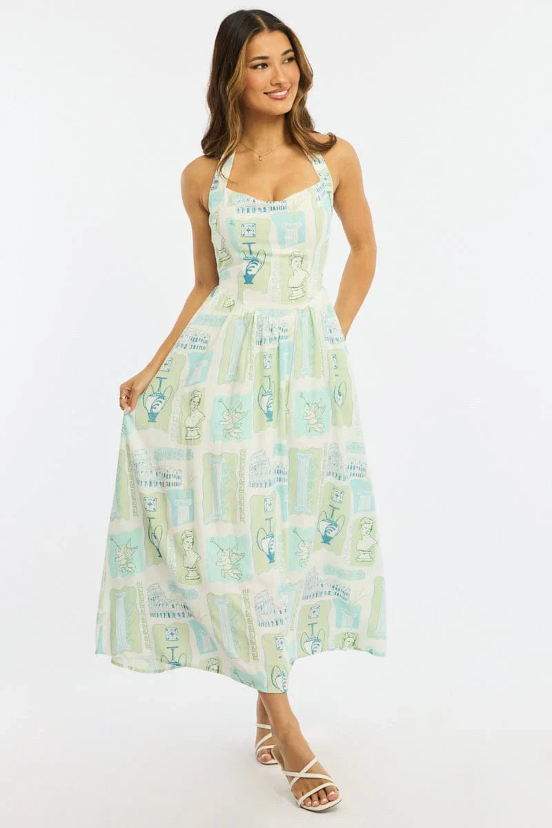 Green Abstract Maxi Dress Halter Neck