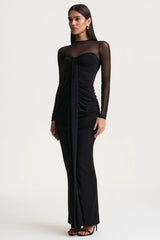 Cadenza | Black Crew-Neck Maxi Dress With Mesh And Gathered-Detailing