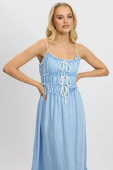 Blue Midi Dress Contrast Tie